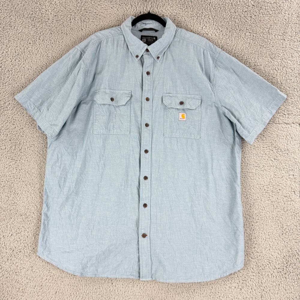 Carhartt Shirt Mens 2XL Tall Blue Chambray Loose Fit Short Sleeve Workwear 2XLT